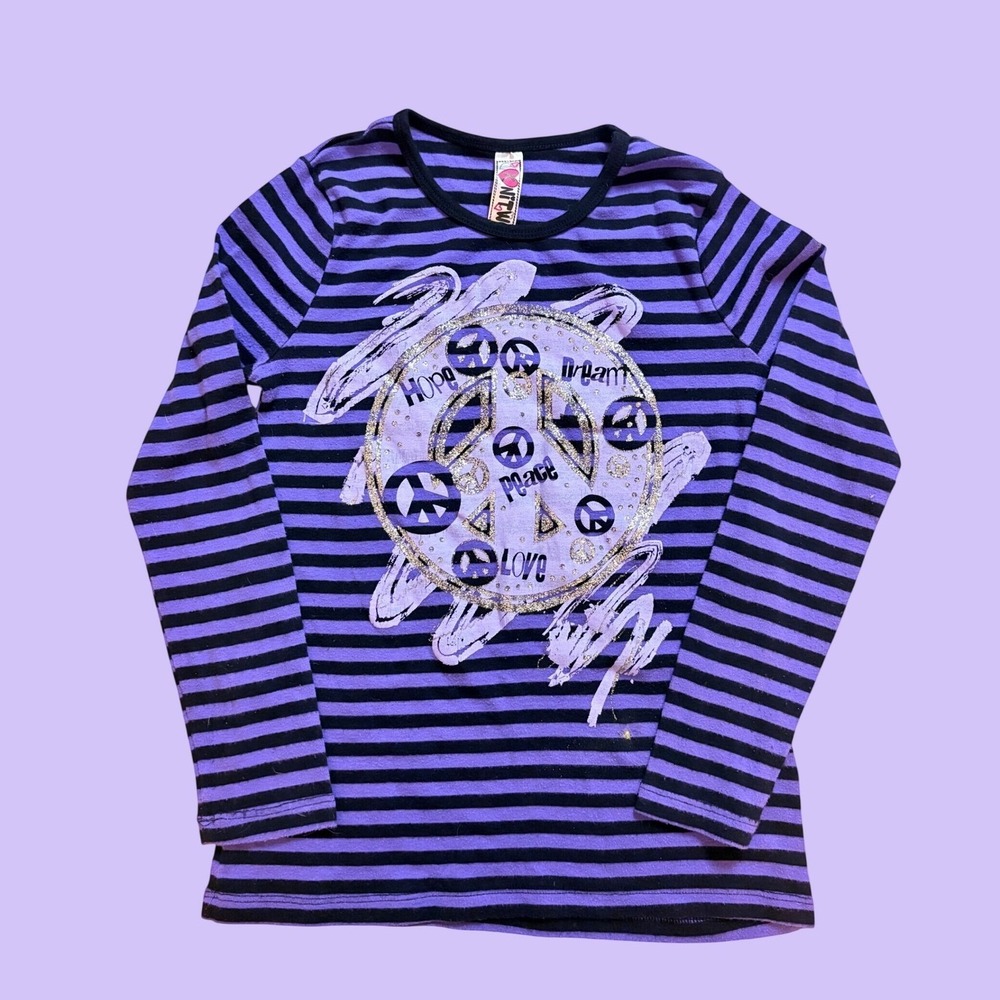 Y2K Knit Works Purple Striped Peace Sign Glitter Graphic Top Scene #19